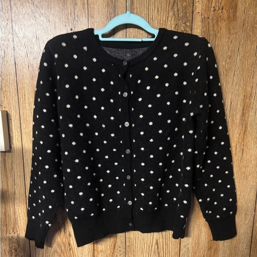 Chic and Incredibly Soft Black Button-Up Cardigan with White Polka Dots